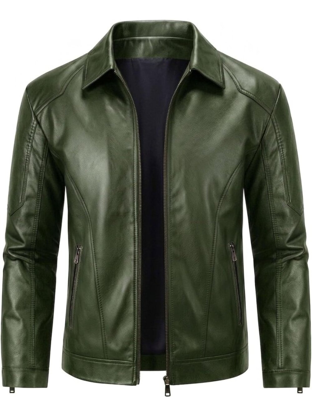 Men’s Army Green Faux Leather Motorcycle Biker Jacket Turn Down Collar Zip Coat